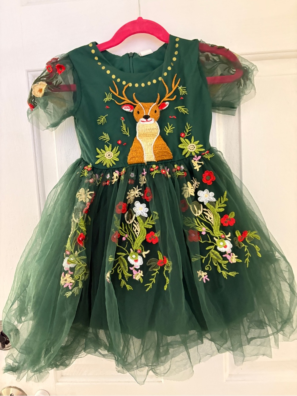 Girls' Green Deer Embroidered Tulle Party Dress